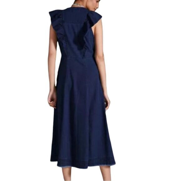 Anthropologie Pilcro Dark Blue Denim Ruffle Sleeve Maxi Midi Dress, 14. buttons - Picture 5 of 16